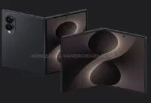 Foldable smartphone with dual rear cameras and large, folding display.