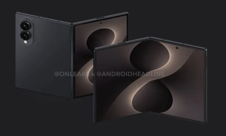 Foldable smartphone with dual rear cameras and large, folding display.