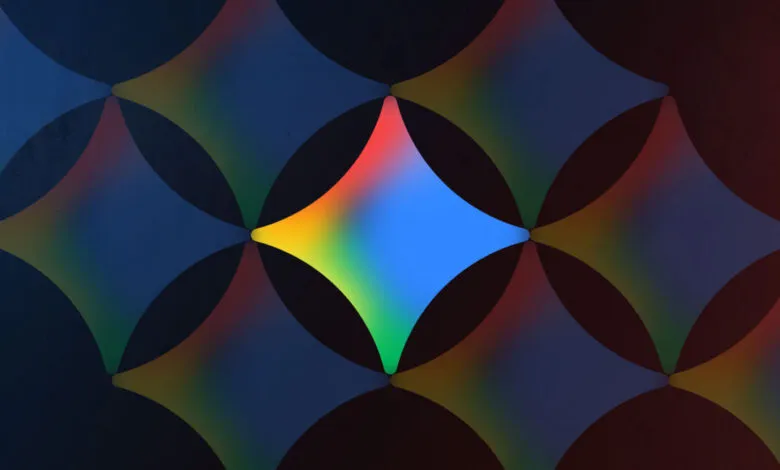 Abstract pattern of overlapping circles with rainbow gradient diamond shapes.
