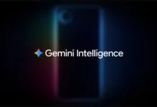 Gemini Intelligence logo with blurred phone outline on dark background.