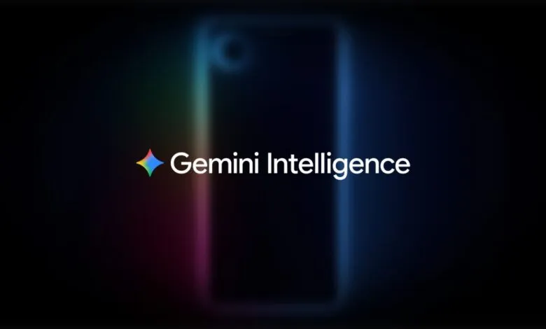 Gemini Intelligence logo with blurred phone outline on dark background.
