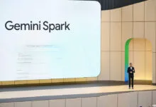 Sundar Pichai presents Gemini Spark on stage at a Google event.