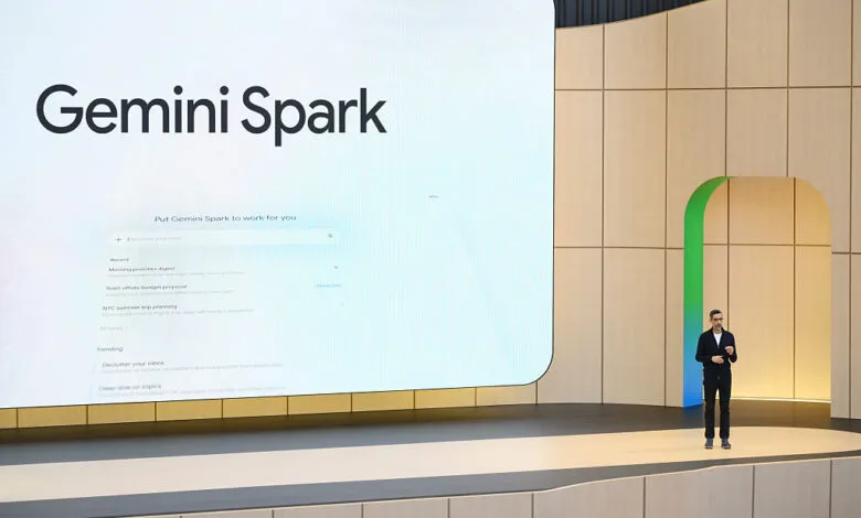Sundar Pichai presents Gemini Spark on stage at a Google event.