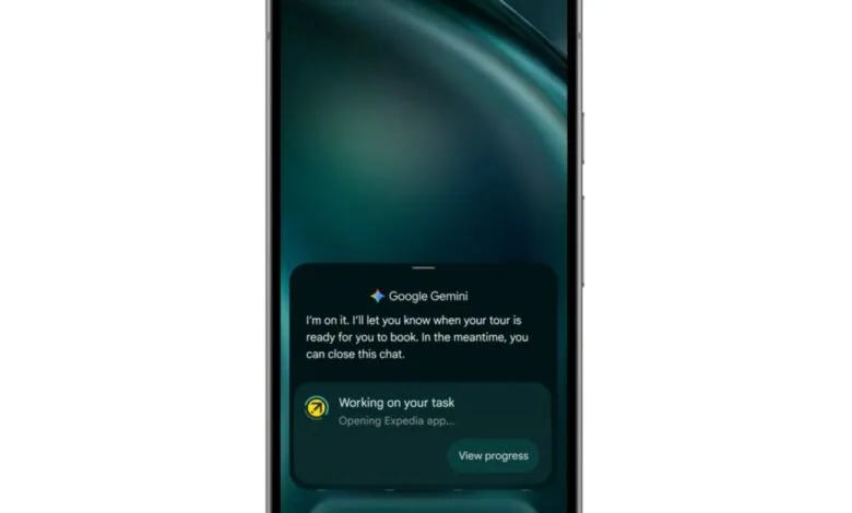 Google Gemini AI assistant working on a task within the Expedia app.