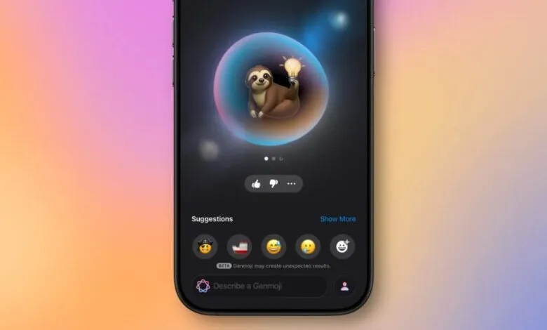 Screenshot of Genmoji feature on iOS with a sloth holding a lightbulb.