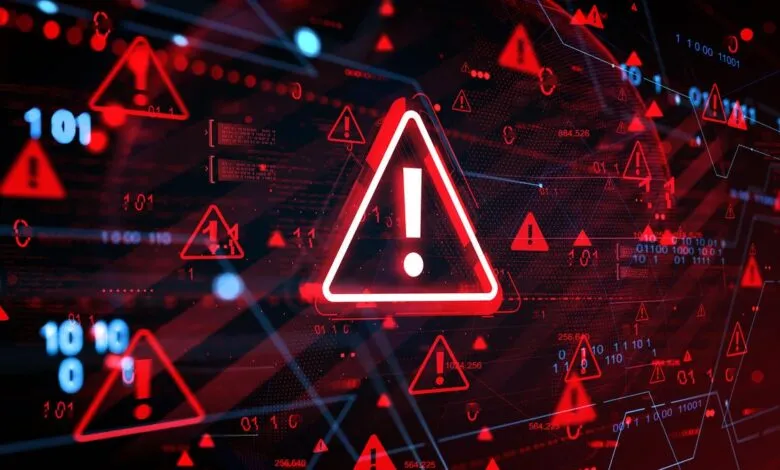 Red warning signs and digital data on a dark background, indicating a cyber threat.