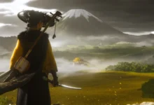 Character with a shamisen overlooking a misty landscape with a snow-capped mountain.