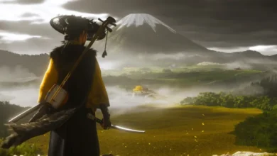 Character with a shamisen overlooking a misty landscape with a snow-capped mountain.
