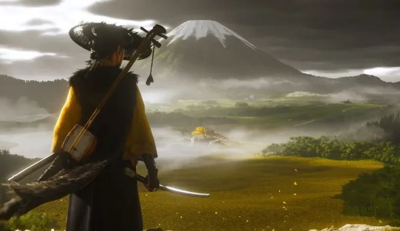 Character with a shamisen overlooking a misty landscape with a snow-capped mountain.