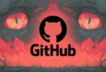 GitHub logo with monster eyes and ominous red sky background.