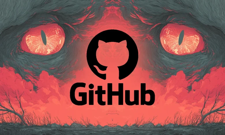 GitHub logo with monster eyes and ominous red sky background.