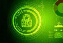 Green digital background with padlock, Google logo, and binary code.