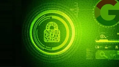 Green digital background with padlock, Google logo, and binary code.