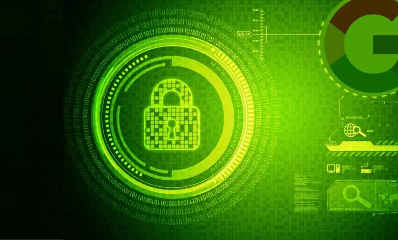 Green digital background with padlock, Google logo, and binary code.