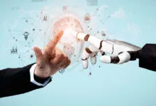 Human and robot hands touch over a digital globe with AI icons.