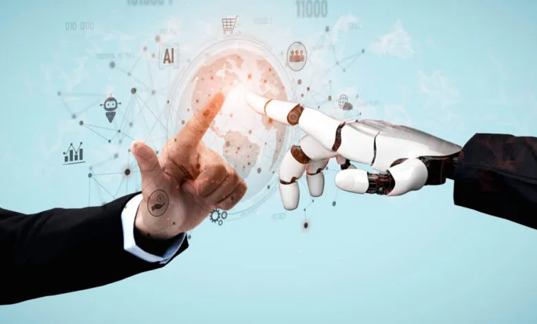 Human and robot hands touch over a digital globe with AI icons.