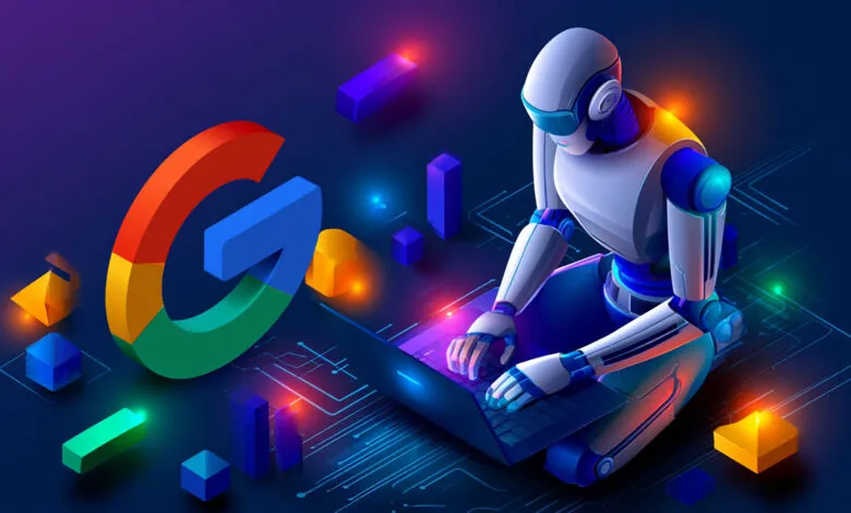 Robot using laptop next to Google logo, AI concept.