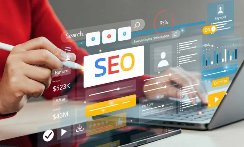 Person optimizing SEO with digital tools on laptop and tablet.