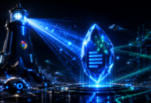 Futuristic scene with lighthouse, crystal, drones, and digital city.