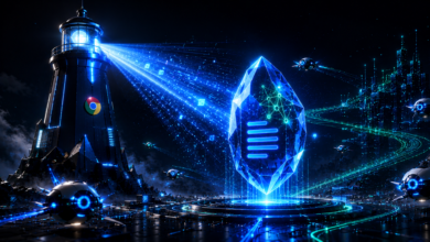Futuristic scene with lighthouse, crystal, drones, and digital city.