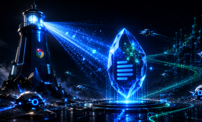 Futuristic scene with lighthouse, crystal, drones, and digital city.