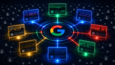 Google Discover network with content cards and user icons.