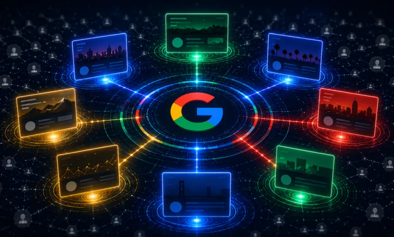 Google Discover network with content cards and user icons.
