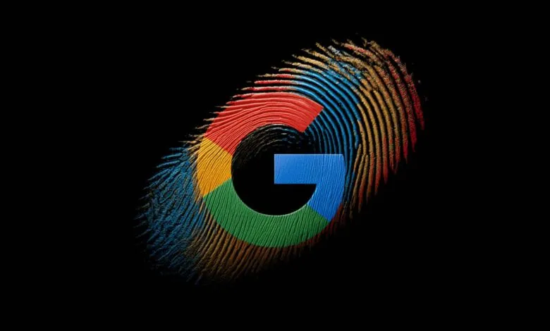 Google logo rendered as a colorful fingerprint on black background.