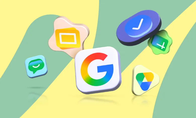 Google 'G' logo surrounded by Workspace app icons on a colorful background.