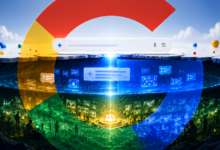 Abstract Google search concept with layers of data and user interaction.
