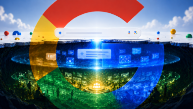 Abstract Google search concept with layers of data and user interaction.