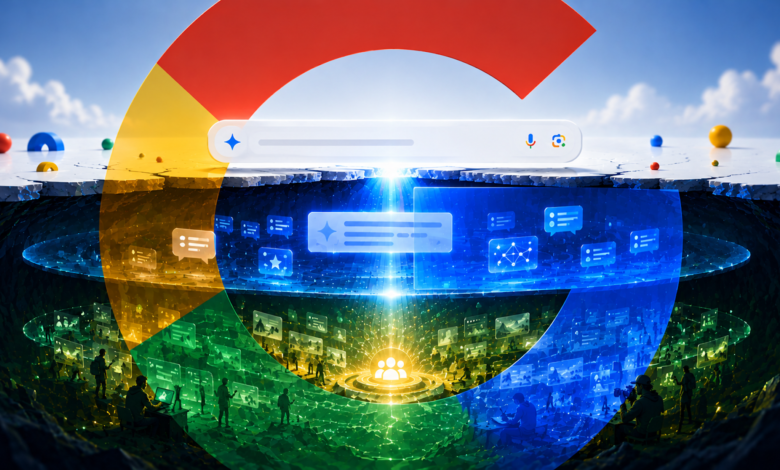 Abstract Google search concept with layers of data and user interaction.