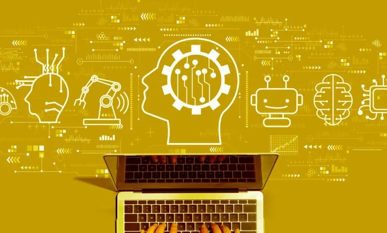 Laptop with AI icons: brain, robot, chip, head with gears on gold background.