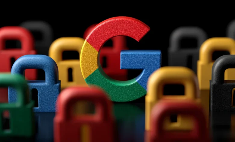 Google logo lock surrounded by colorful padlock icons.