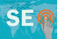 SEO concept with world map, target, and pointing finger.