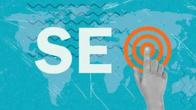 SEO concept with world map, target, and pointing finger.