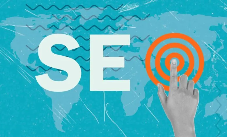 SEO concept with world map, target, and pointing finger.