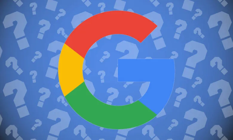 Google logo with question marks background, symbolizing search queries.
