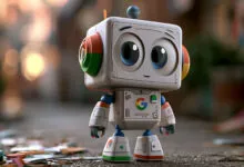 Cute robot with Google logo stands on street with scattered papers.