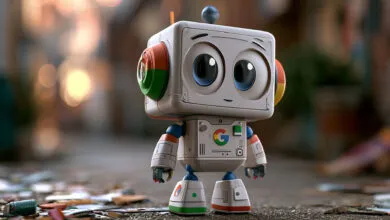 Cute robot with Google logo stands on street with scattered papers.