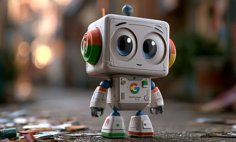 Cute robot with Google logo stands on street with scattered papers.