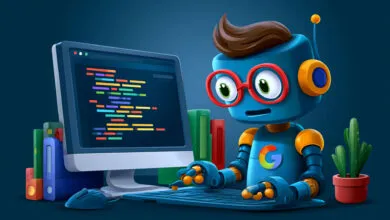 Cartoon robot with glasses coding on a computer with colorful code.