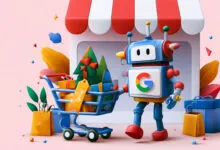 Google robot pushing shopping cart filled with gifts and bags.