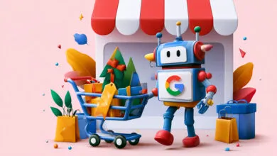 Google robot pushing shopping cart filled with gifts and bags.
