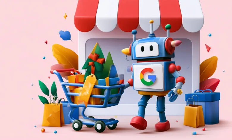 Google robot pushing shopping cart filled with gifts and bags.
