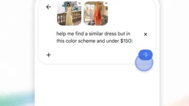 Google search box showing a request for a dress under $150 with a specific color scheme.