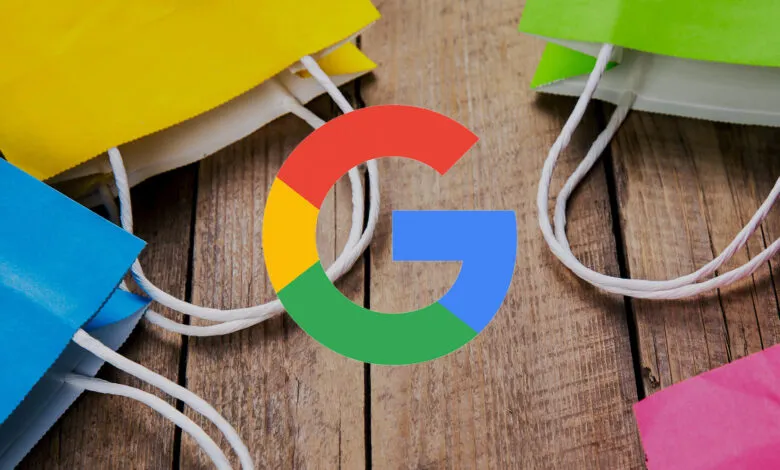 Google logo on wood with colorful shopping bags around it.