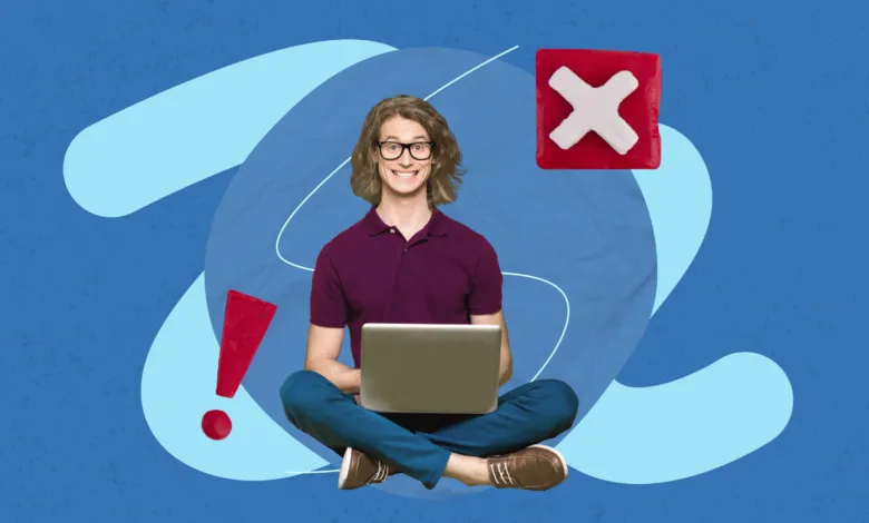 Person with laptop, cross-legged, surrounded by error symbols.