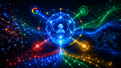 Abstract digital network with Google logo, user icon, security, and world map.