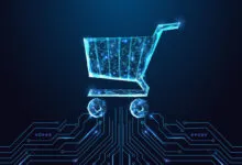 Digital shopping cart icon with circuit board design on dark blue background.